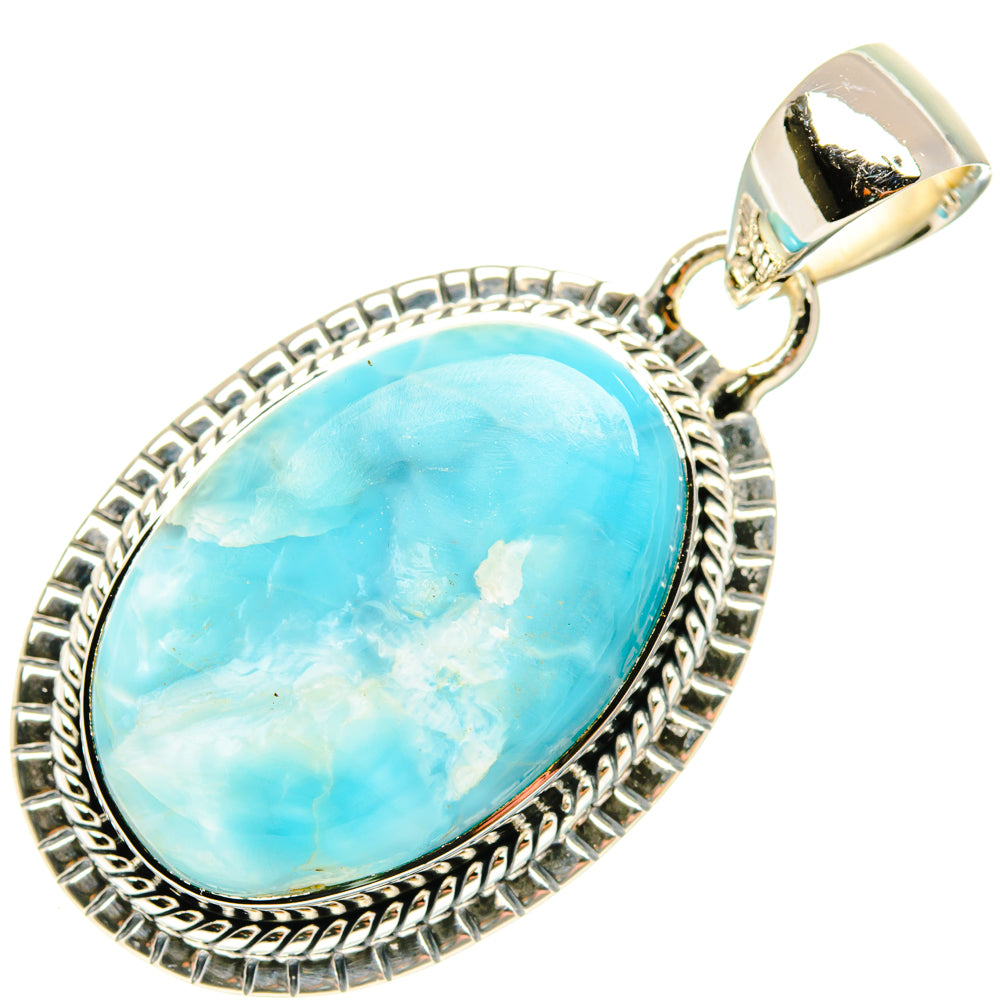 Sterling silver Larimar oval pendant, ornate border and bail loop