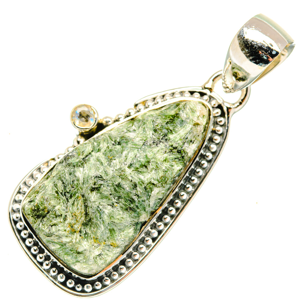 Sterling silver oval pendant with textured green fuchsite stone and round beaded edging