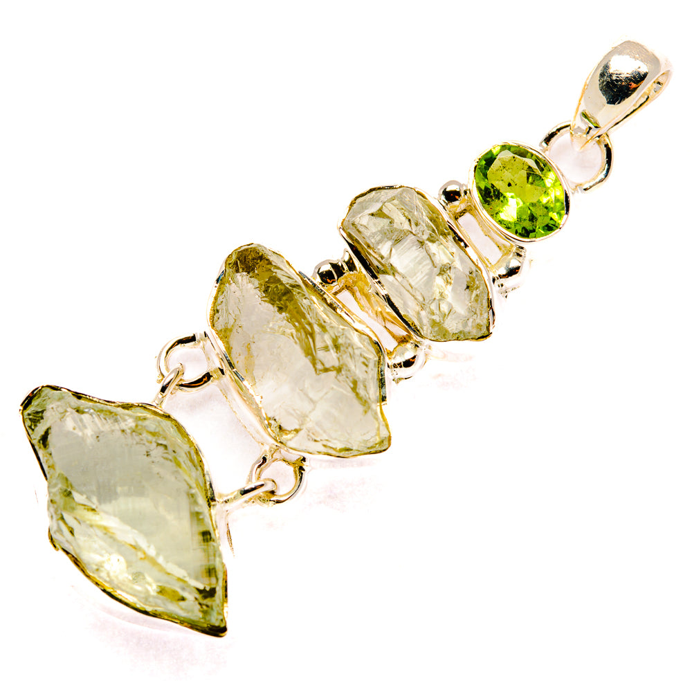 Sterling silver rough gemstone pendant with three faceted pieces and round green top gem