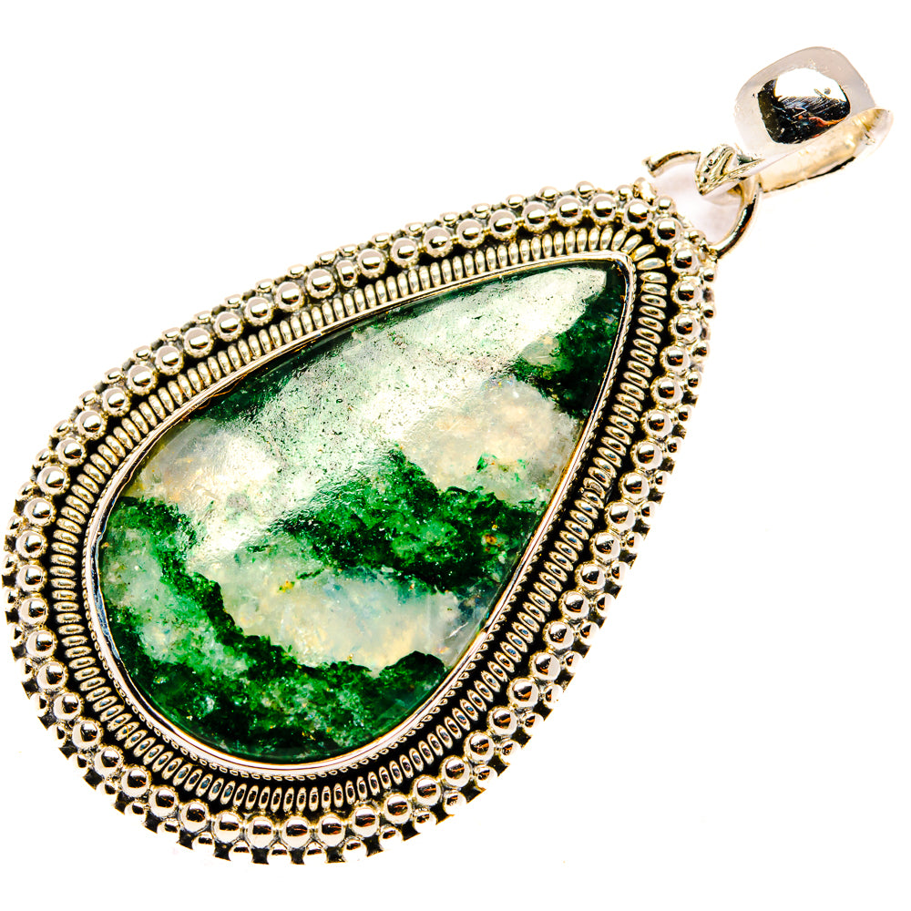 Teardrop green aventurine pendant with ornate 925 sterling silver frame and top bail