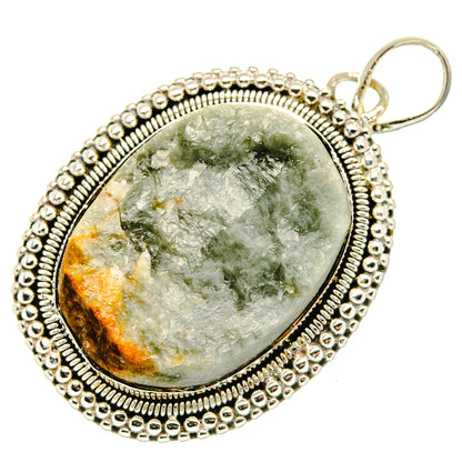 Sterling silver oval quartz pendant with green veined stone and hanging loop
