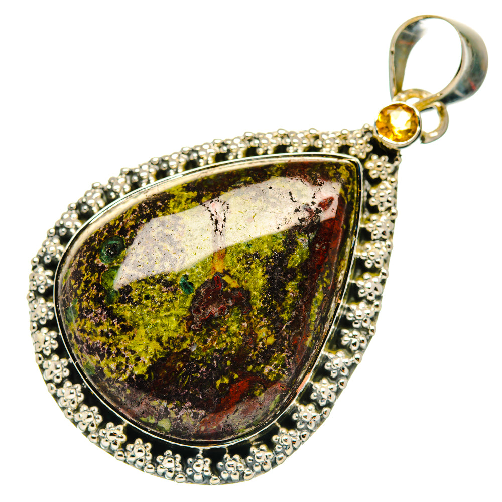 Teardrop gemstone pendant in 925 sterling silver with round top bail and speckled red-green stone