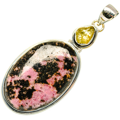 Oval rhodonite pendant with yellow citrine accent, 925 sterling silver bail and frame