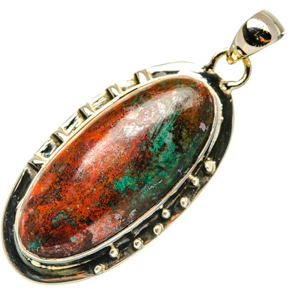925 sterling silver oval pendant with green-orange stone, studded frame and bail