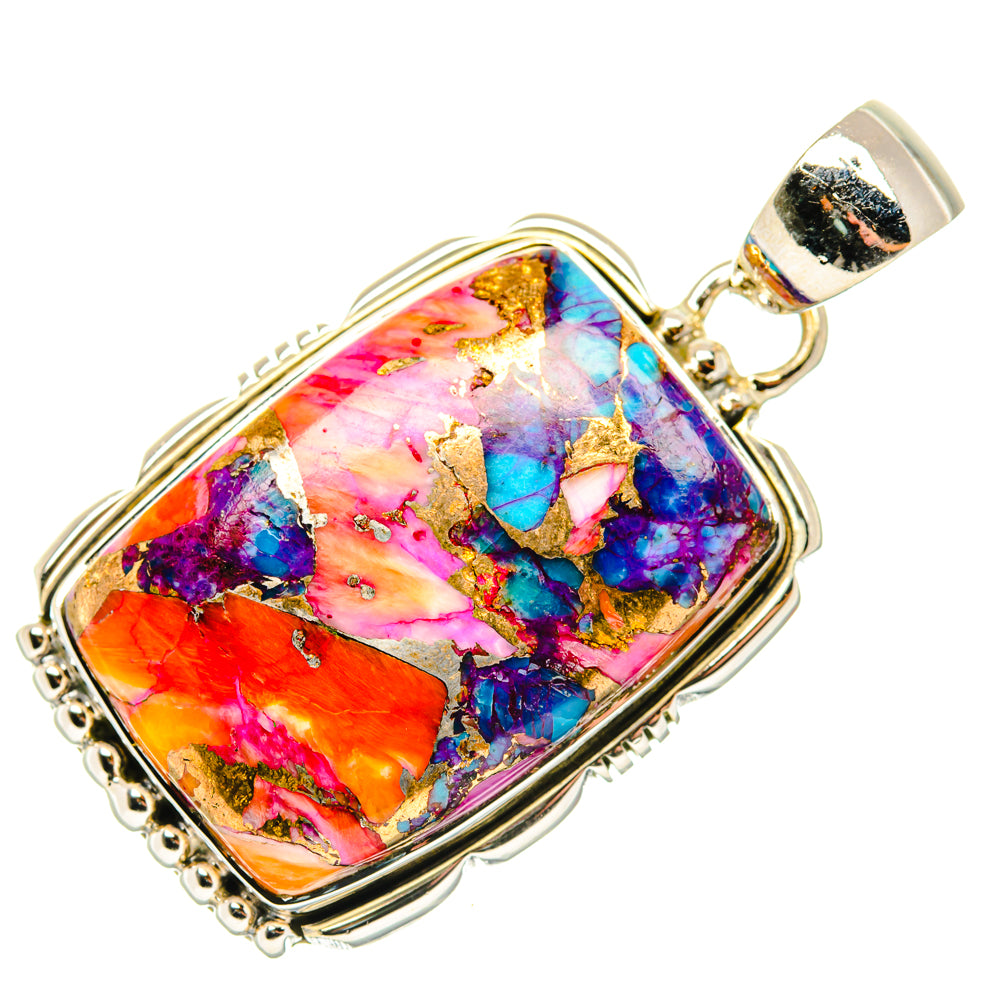Square 925 sterling silver pendant with multicolor stone in ornate bezel, bail top