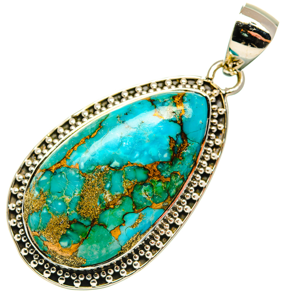 Turquoise composite oval pendant with beaded silver edge and loop bail