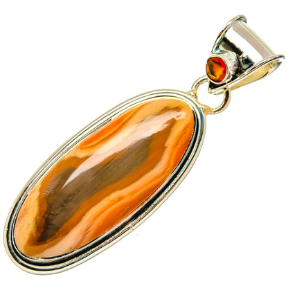 Oval orange jasper pendant with round garnet accent in 925 sterling silver setting