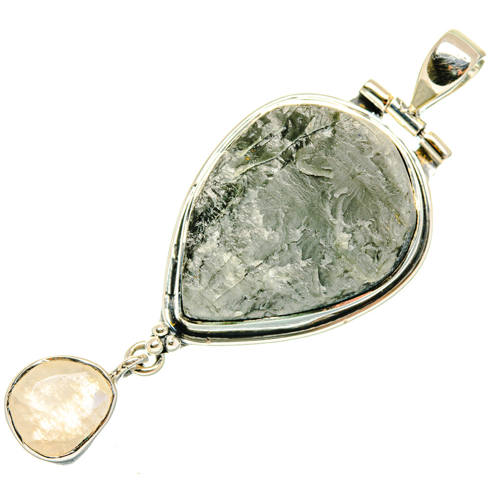 Sterling silver teardrop pendant with rough gray-green stone, bail and dangling round moonstone