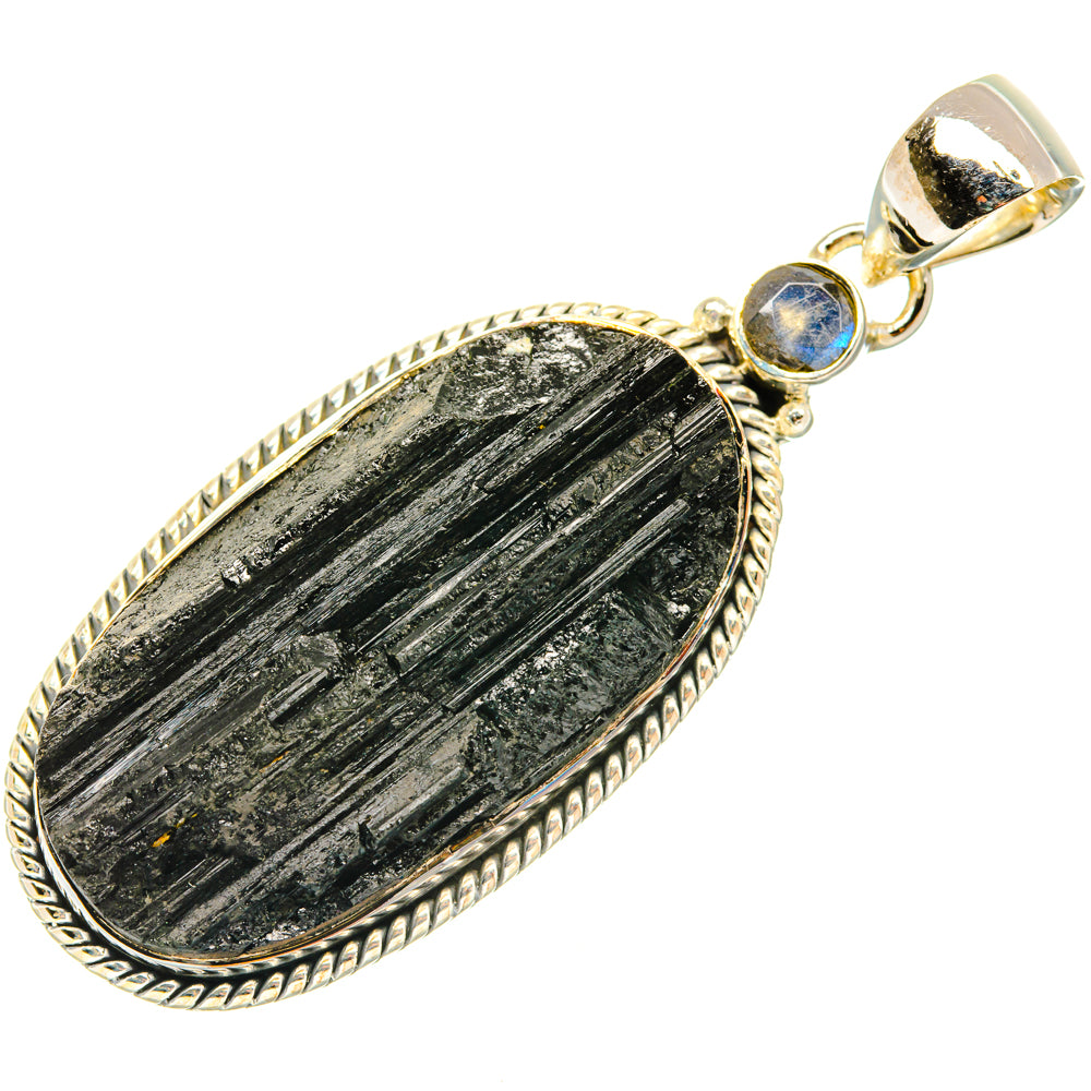 Oval black tourmaline pendant with rope-edge 925 silver frame and blue round stone top