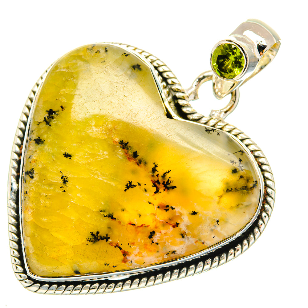 Heart agate pendant in sterling silver with textured border and green peridot top