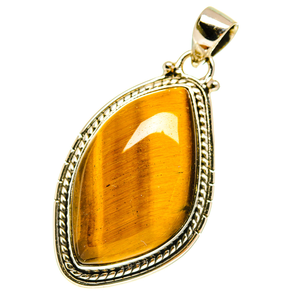Tiger eye pendant teardrop with etched silver frame and textured rope edge