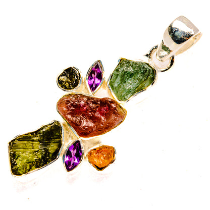 Rough multistone pendant with faceted purple, green and amber pieces in 925 silver frame