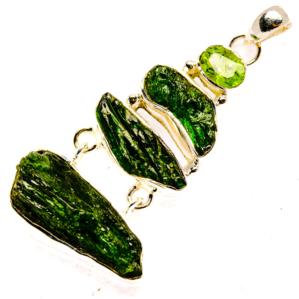 Rough green stone pendant with peridot accents in 925 sterling silver setting