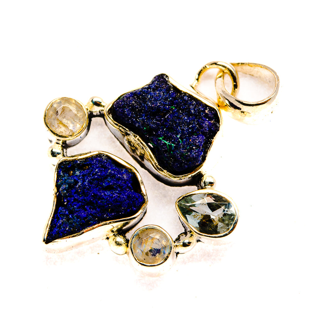 Druzy blue gemstone pendant with heart and oval stones, round clear accents, silver-tone bail