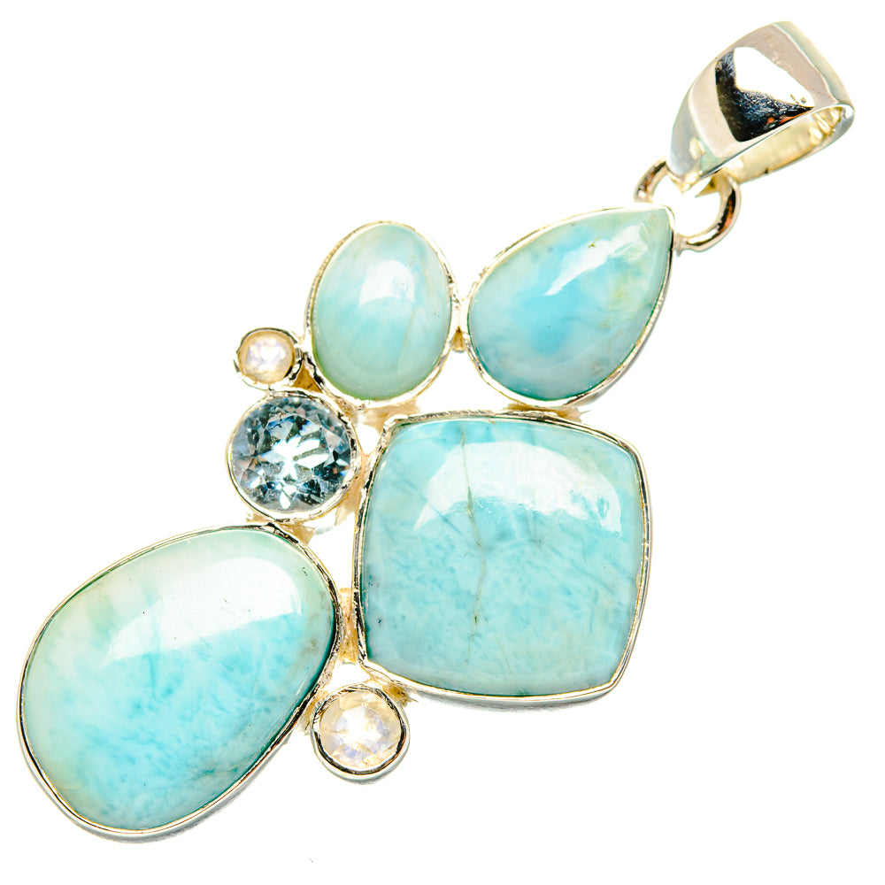 Sterling silver pendant with five oval Larimar stones and round blue gemstone accents
