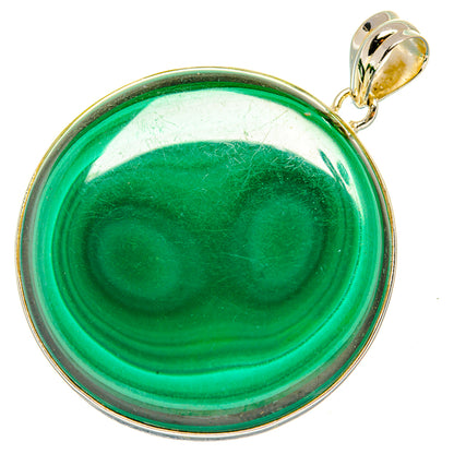 Large round green malachite pendant with silver rim and top loop bail