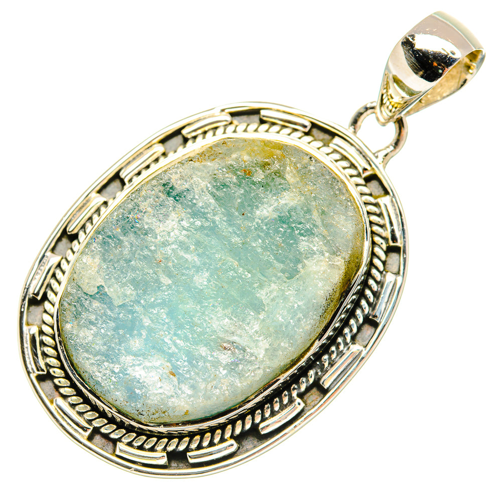 Rough aquamarine oval pendant in 925 sterling silver with ornate bezel