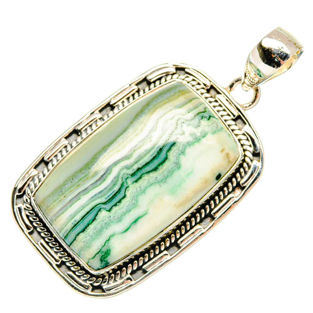 Sterling silver rectangle ocean jasper pendant with ornate bezel and bail, green veined stone.