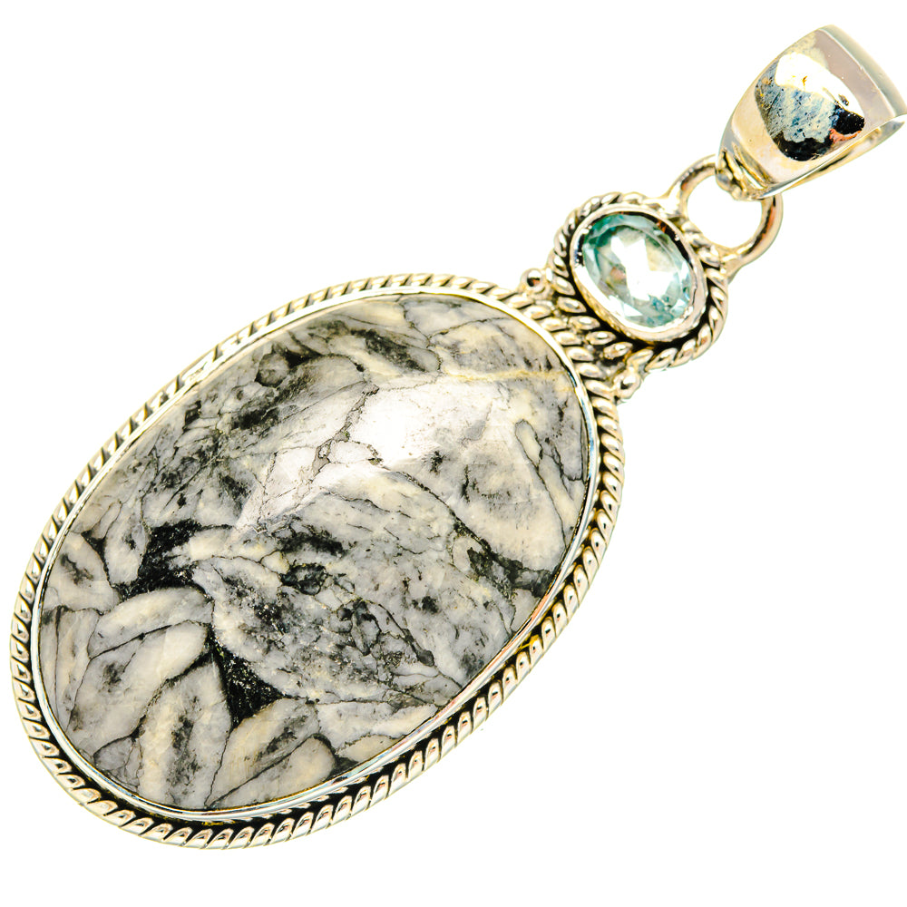 Oval white/gray jasper pendant with rope bezel, blue topaz accents, 925 sterling silver bail
