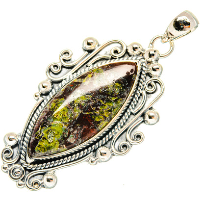 925 sterling silver oval stone pendant, dark green and yellow marbled cabochon