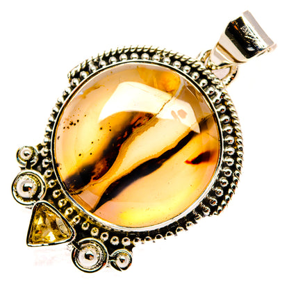 Oval amber agate pendant in beaded 925 sterling silver with citrine accents