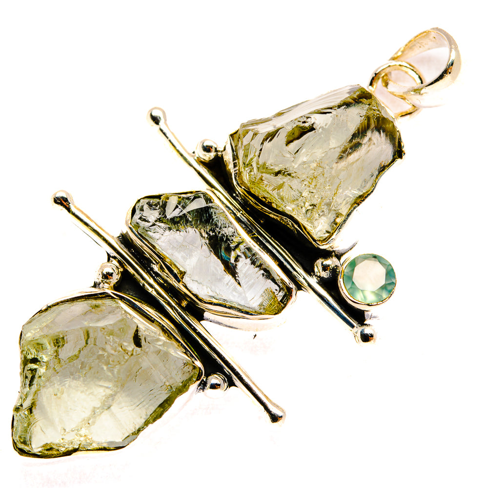 Rough gemstone pendant in 925 sterling silver with prong-set yellowish quartz and green accent