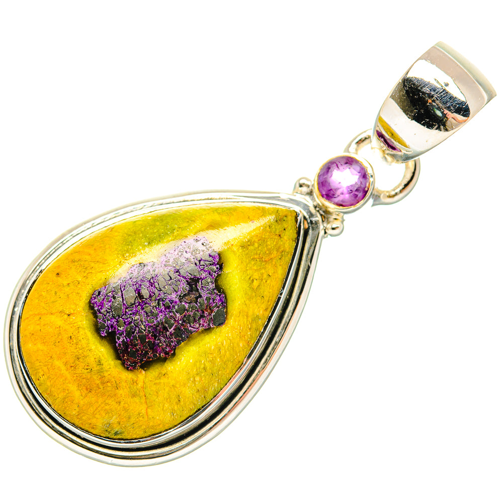 Sterling silver teardrop pendant with yellow stone and purple amethyst cabochon