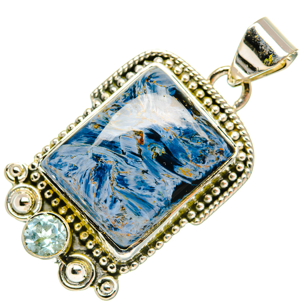 925 sterling silver rectangle blue topaz pendant with round green accent stones