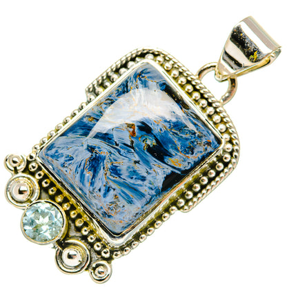 925 sterling silver rectangle blue topaz pendant with round green accent stones