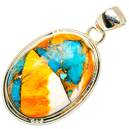Sterling silver oval pendant with orange, white, and turquoise spiny oyster stone