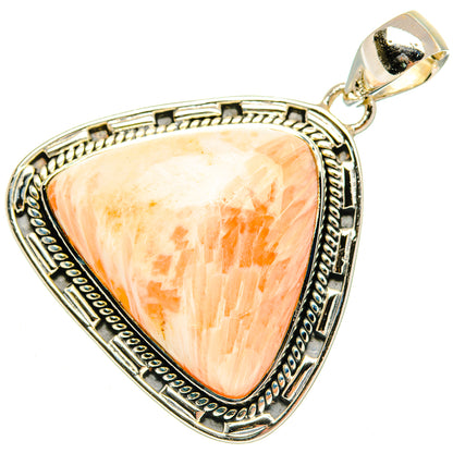 Triangular sterling silver scolecite pendant with peach cabochon and detailed border setting