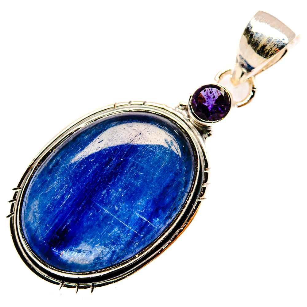 Oval blue kyanite pendant with round purple stone and hinged silver bail