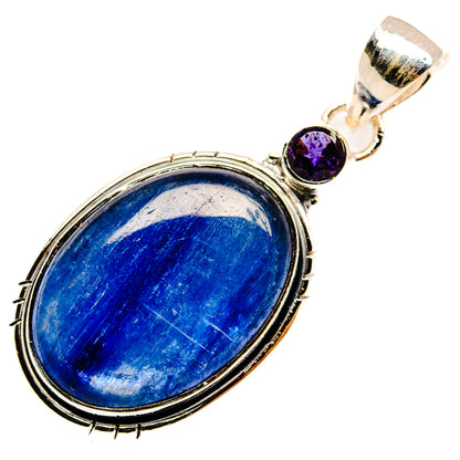 Oval blue kyanite pendant with round purple stone and hinged silver bail