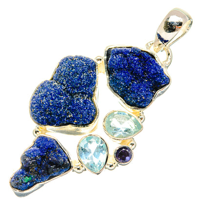 Rough blue druzy cluster pendant with bail, 925 sterling silver, light-blue stones and purple