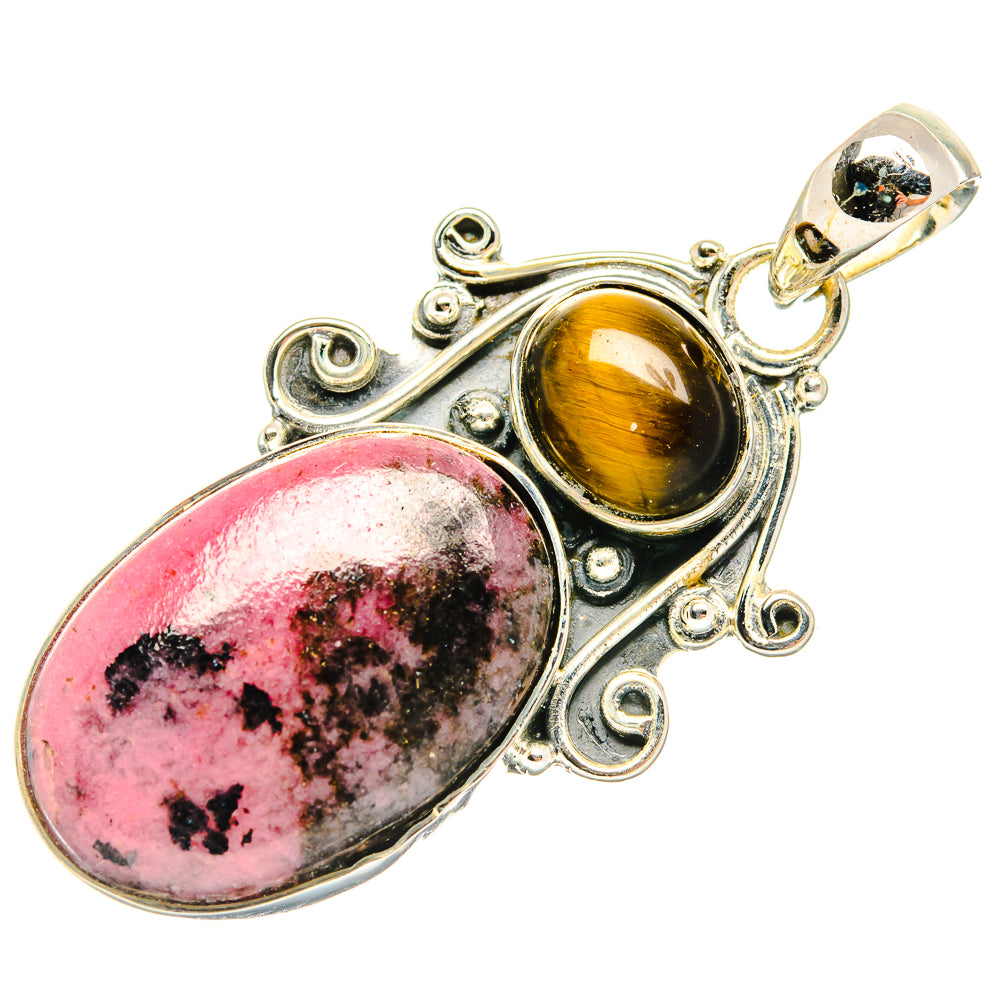 Sterling silver pendant with pink rhodonite oval and golden tiger eye oval stones