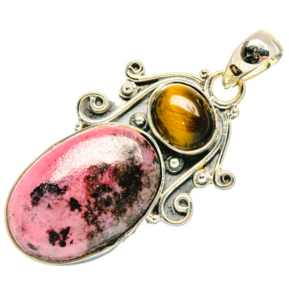Sterling silver pendant with pink rhodonite oval and golden tiger eye oval stones