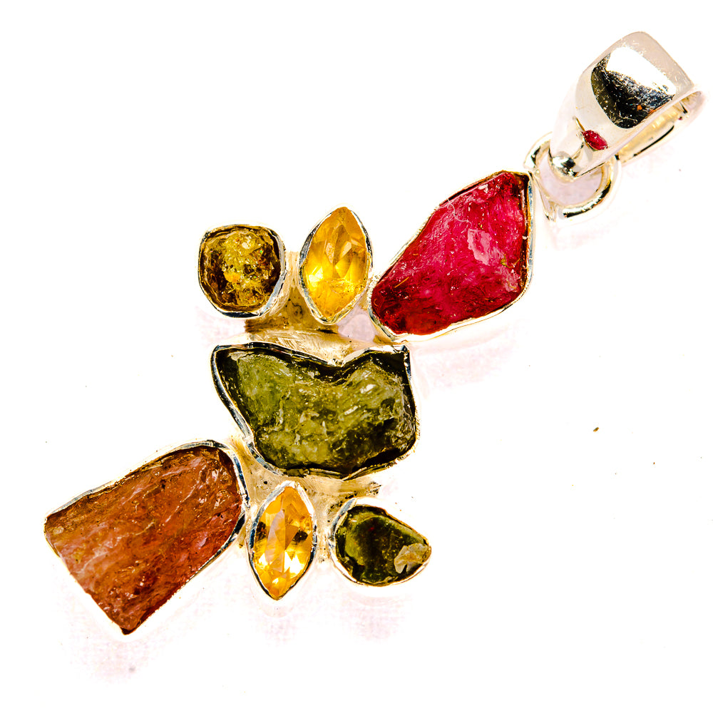 Rough tourmaline pendant with red, green, yellow, and brown stones in silver