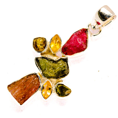 Rough tourmaline pendant with red, green, yellow, and brown stones in silver