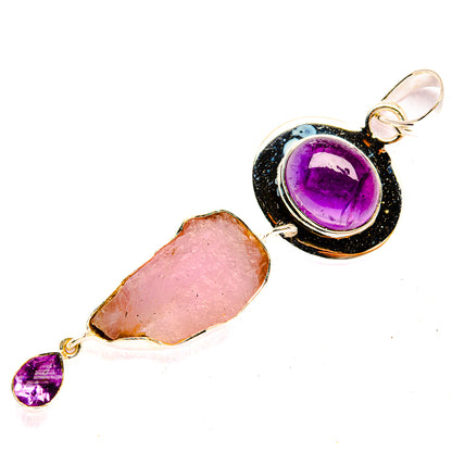 Sterling silver pendant with rough rose quartz and purple amethyst accent drop
