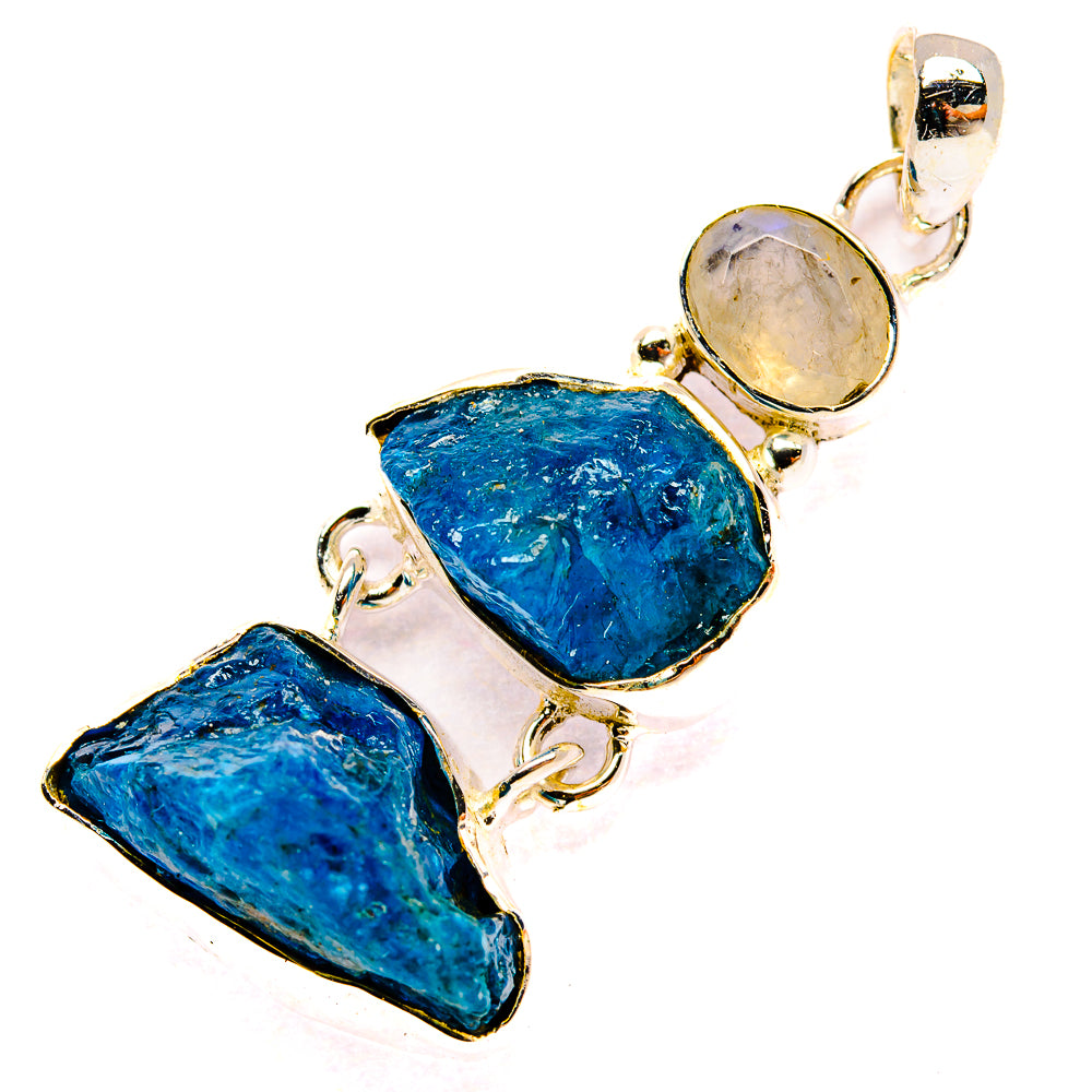 Sterling silver rough stone pendant with bail, two blue stones, and round moonstone