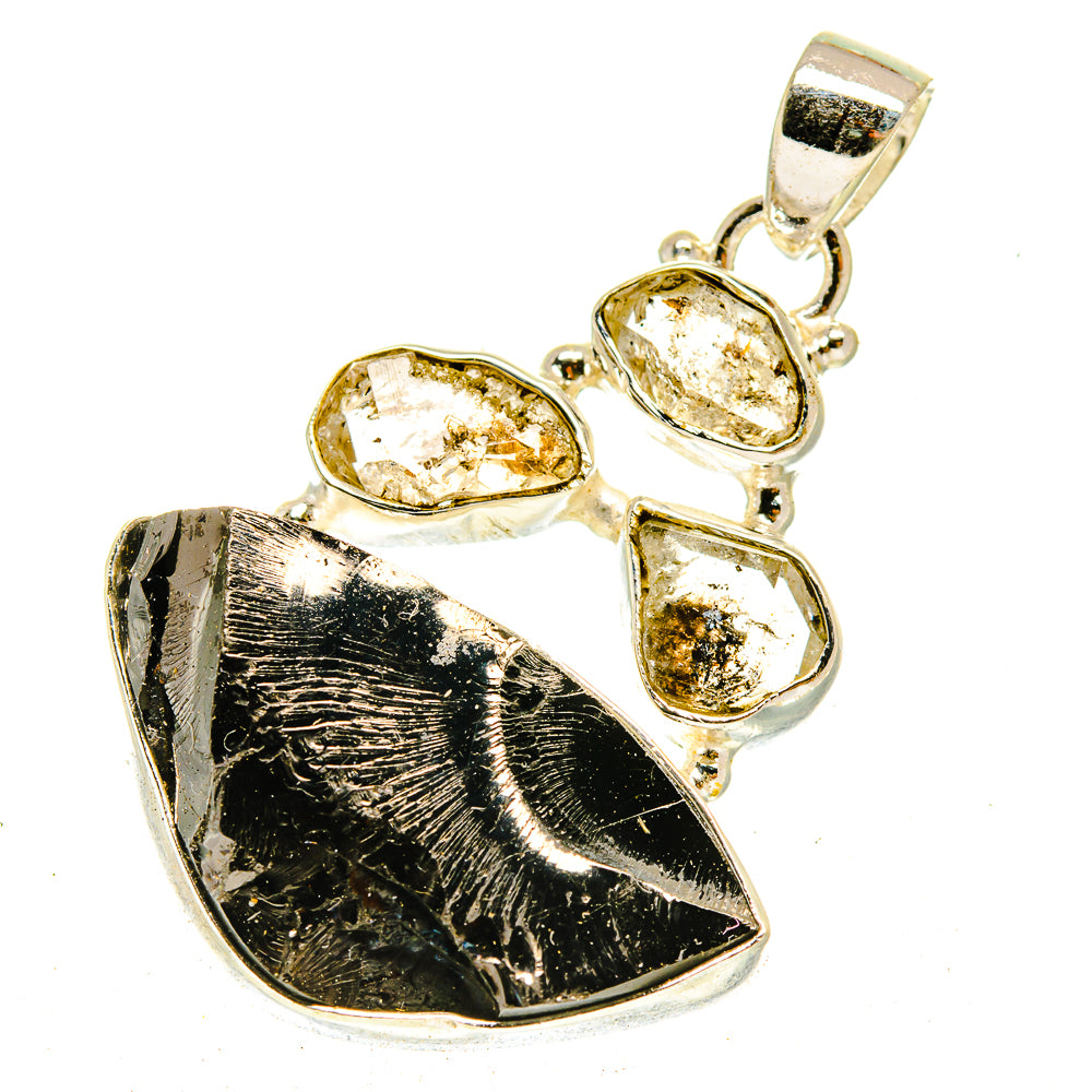 Sterling silver shungite pendant with dark rough stone and three oval faceted crystals