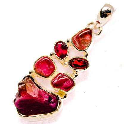 925 sterling silver gemstone pendant with rough stone and red/pink facets, top bail