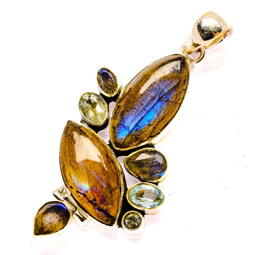 Sterling silver gemstone pendant with large multicolor oval stones and small round accents