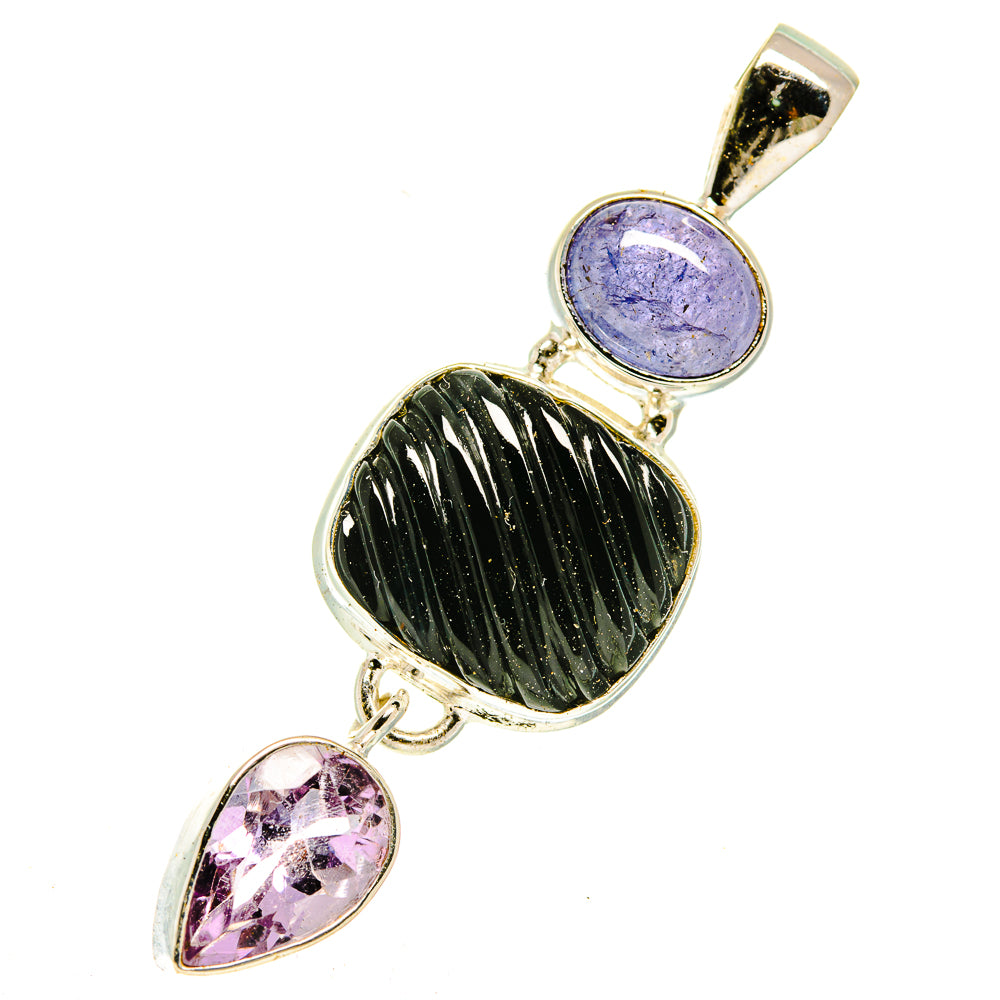 Sterling silver pendant with purple round stone, black oval stone, and pink teardrop accents