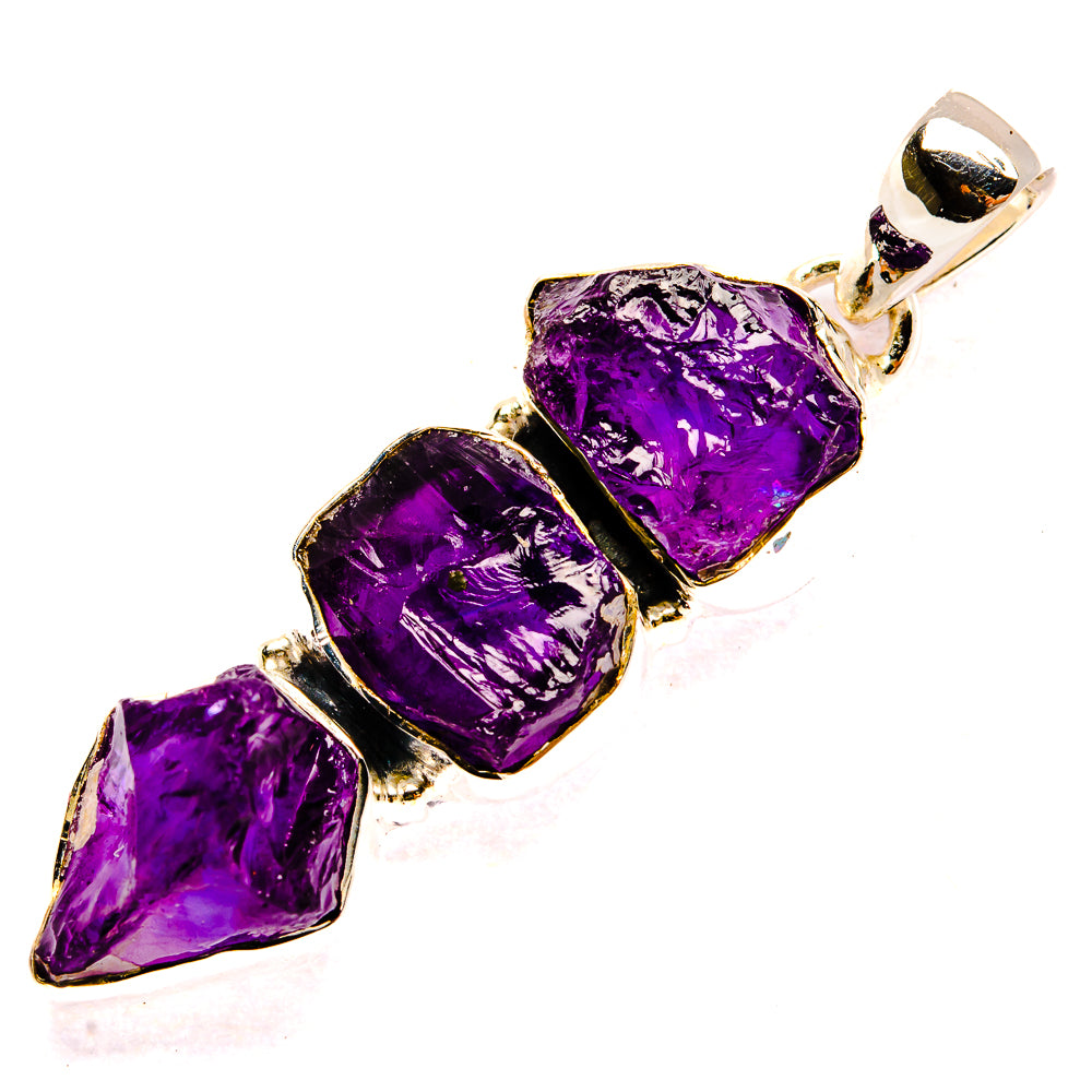 Rough amethyst pendant, three faceted purple rough stones in sterling silver setting