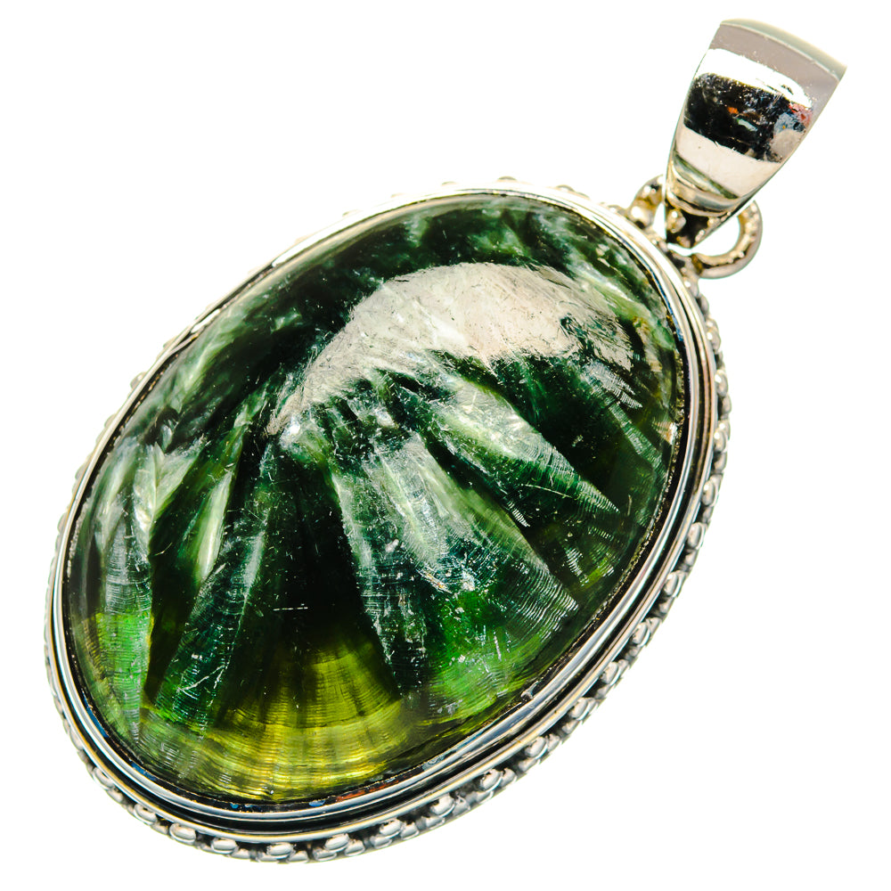 Oval green seraphinite gemstone cabochon pendant with polished 925 silver setting