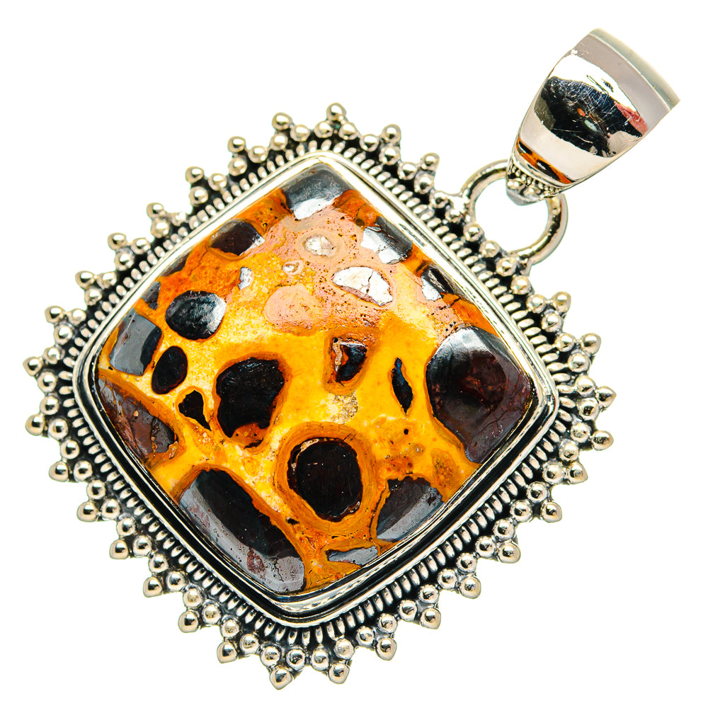 Sterling silver pendant with rectangular bauxite stone and beaded edge, oval bail loop
