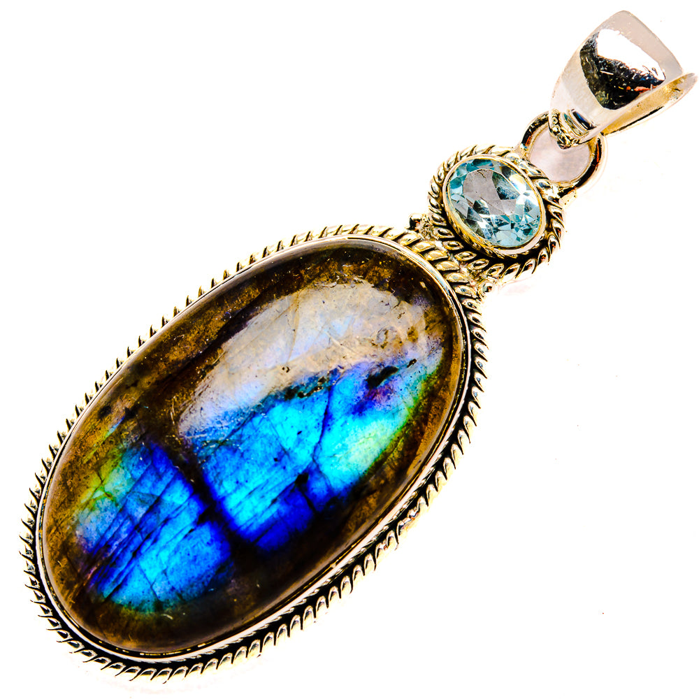 Labradorite oval pendant with blue topaz accents, 925 sterling silver bail