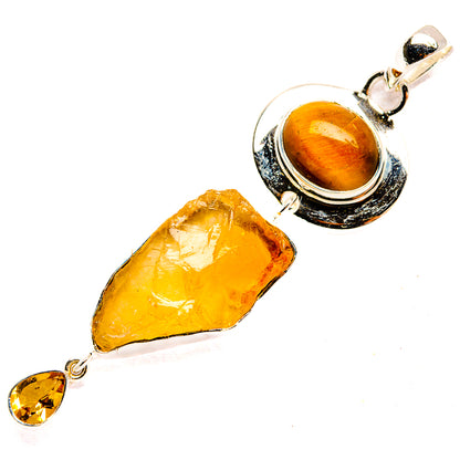 Sterling silver pendant with tiger eye teardrop and rough citrine crystal charm