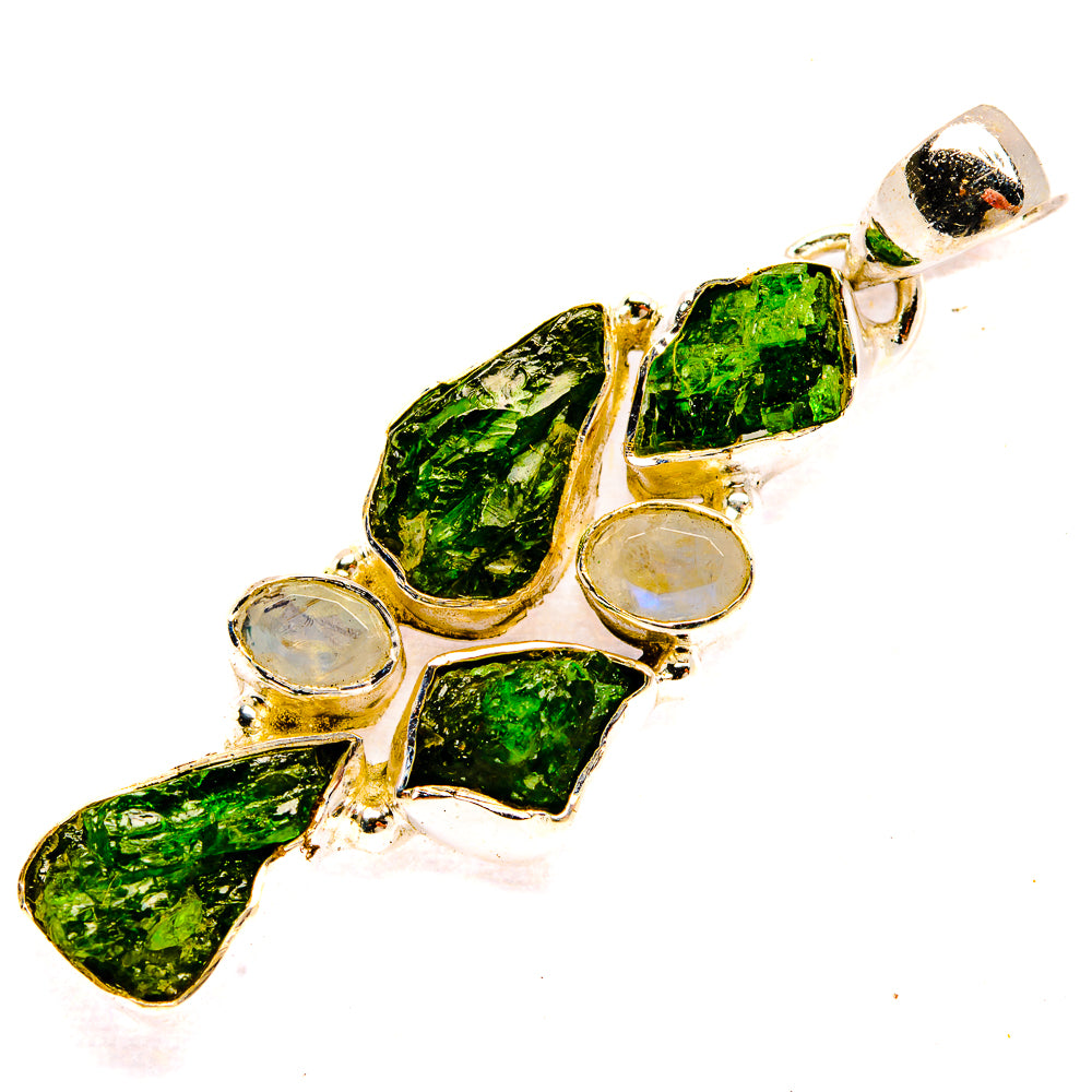 925 sterling silver pendant with rough green diopside and pale round moonstones